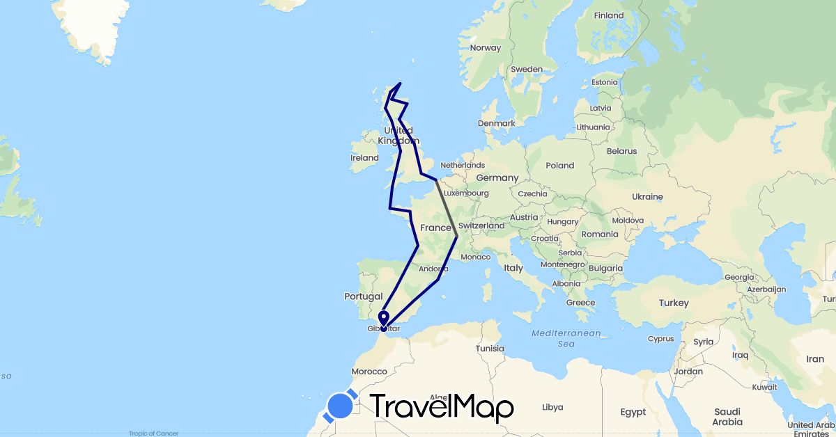 TravelMap itinerary: driving, motorbike in Spain, France, United Kingdom, Gibraltar (Europe)